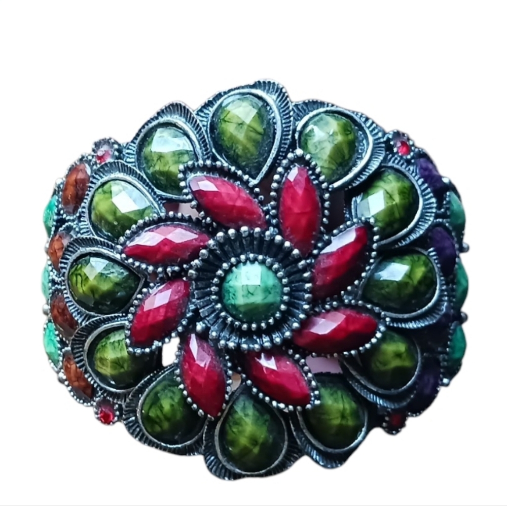 Boho Chic Flower Hinge Cuff Statement Bracelet Chunky - Picture 3 of 11